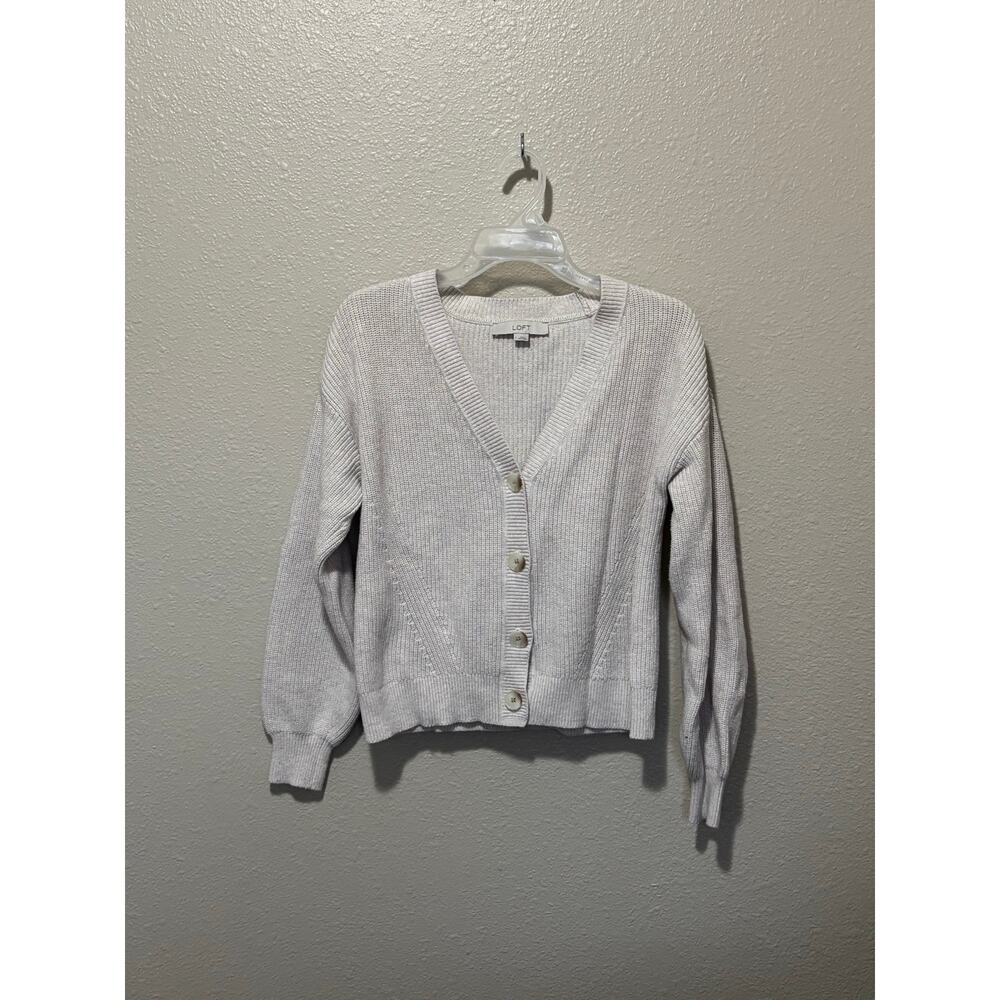 Women’s LOFT Creme Cropped Ribbed Cardigan Sweater Button Front, size L Large